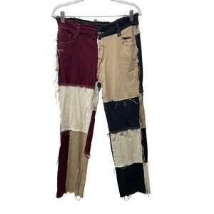 Y2K Style Block Patchwork Pants XL Distressed‎ Frayed Colorful Unique Festival